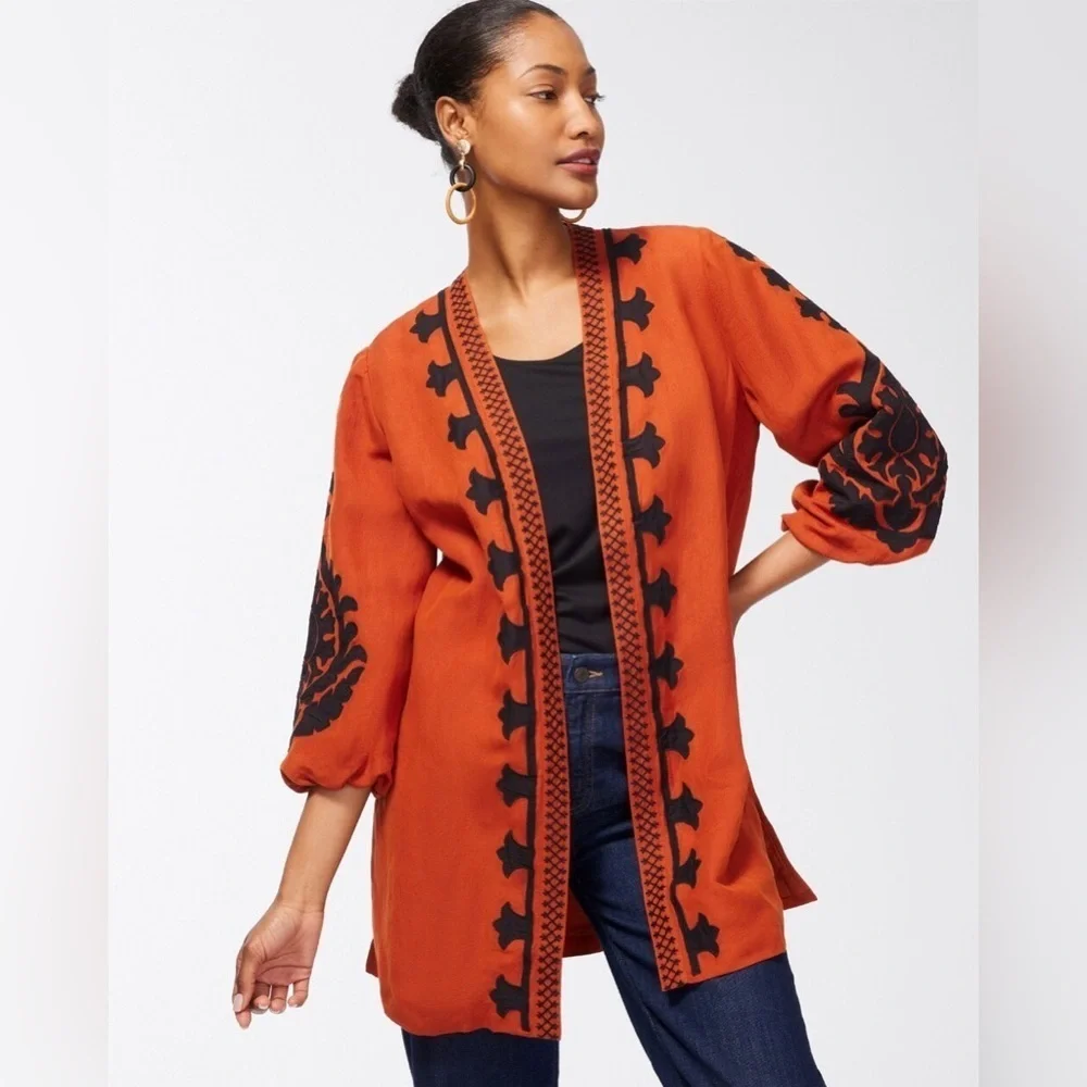 Chico’s Linen Blend Applique Jacket, Rust/Black, Size XL, GUC - Picture 2 of 9